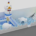 Snow Themed Children's Playground With Snowman Figure Slides Blue Ball Pit And Green Tree