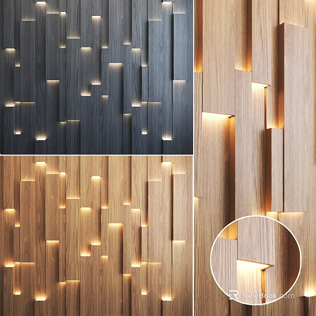 Modern Wooden Dark Colored Wall Decorative Hanging Panels with Embedded LED Lights for Interior Design 3d model 