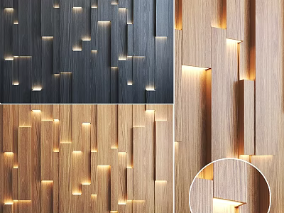 Modern Wooden Dark Colored Wall Decorative Hanging Panels with Embedded LED Lights for Interior Design 3d model