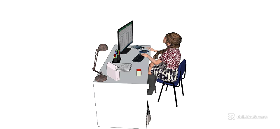 Home Office Work Desk With Computer Monitor Desk Lamp Pen Holder Mug And Storage Box 3d model 
