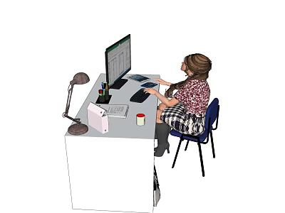 Home Office Work Desk With Computer Monitor Desk Lamp Pen Holder Mug And Storage Box 3d model