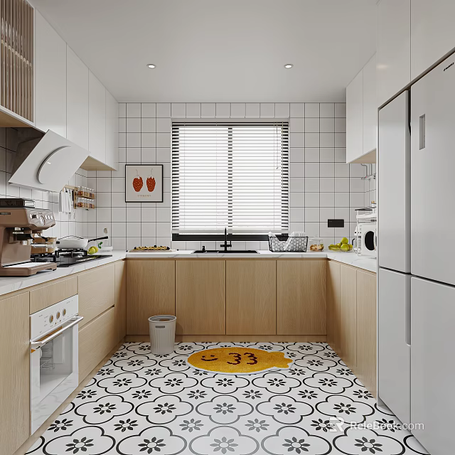 Modern Kitchen Interior With White Cabinets Wooden Countertops White Tiled Walls Blinds And Appliances 3d model 
