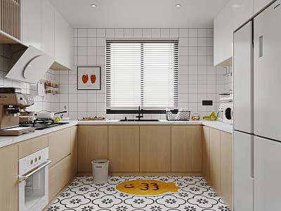 Modern Kitchen Interior With White Cabinets Wooden Countertops White Tiled Walls Blinds And Appliances 3d model