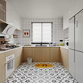 Modern Kitchen Interior With White Cabinets Wooden Countertops White Tiled Walls Blinds And Appliances