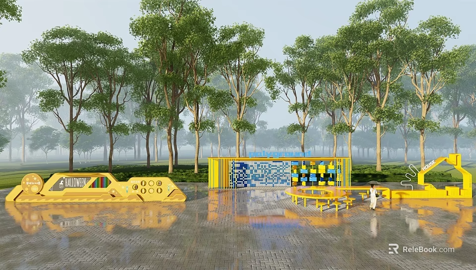 Vibrant Landscape Feature Wall With Blue Yellow Patterns And Surrounding Green Trees 3d model