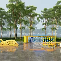 Vibrant Landscape Feature Wall With Blue Yellow Patterns And Surrounding Green Trees 3d model