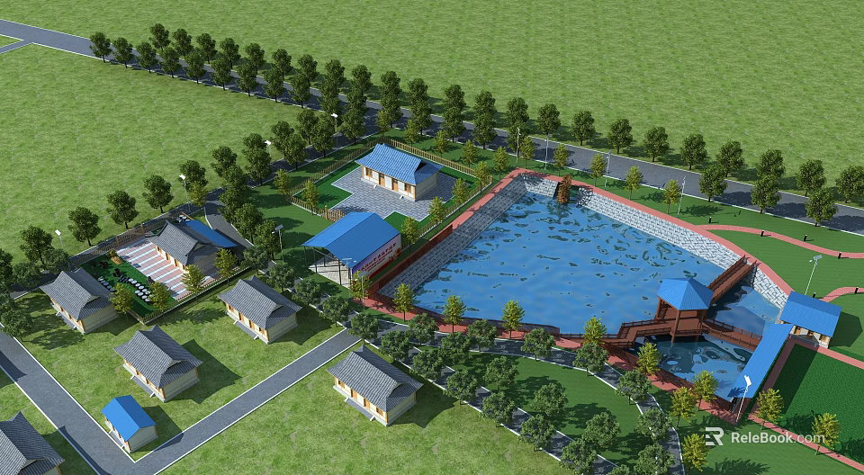 Aerial Planning of Green Residential Area With Trees Buildings and Blue Pond 3d model 