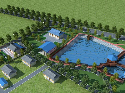 Aerial Planning of Green Residential Area With Trees Buildings and Blue Pond 3d model