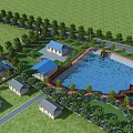 Aerial Planning of Green Residential Area With Trees Buildings and Blue Pond