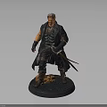 Detailed Man Statue In Long Coat With Armor Holding Dual Swords On Blue Base