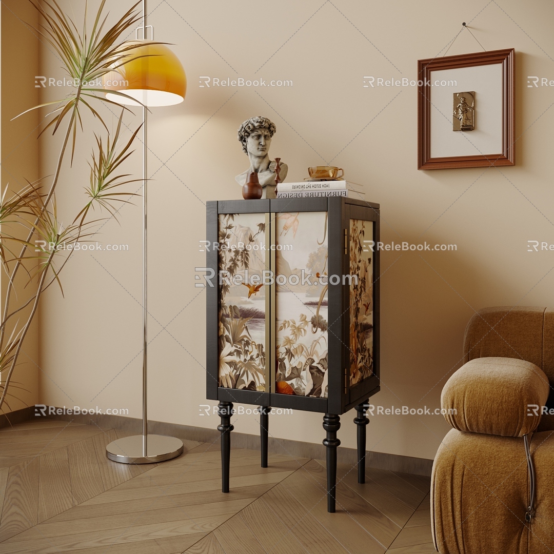 Ancient Solid Wood Decorative Cabinet Storage Cabinet Sideboard Artistic Decoration Combination Floor Lamp Hanging Painting model