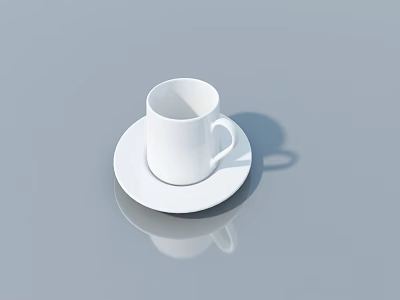 Minimalist White Ceramic Cup On Saucer With Reflection On Gray Surface 3d model