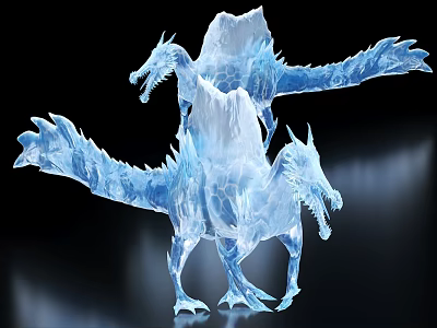 Two Headed Blue Transparent Ice Dragon With Crystal Texture On Black Background 3d model