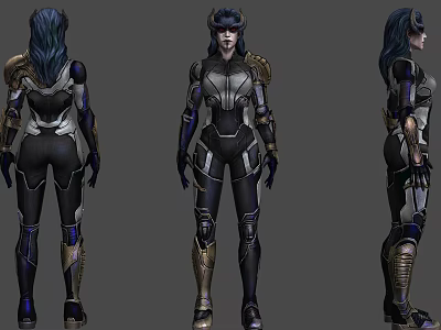Game And Movie Character Female Warrior With Blue Hair In Detailed Armor Outfit 3d model