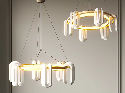 Modern Circular Chandeliers With White Geometric Elements And Illuminated Rings Structure 3d model