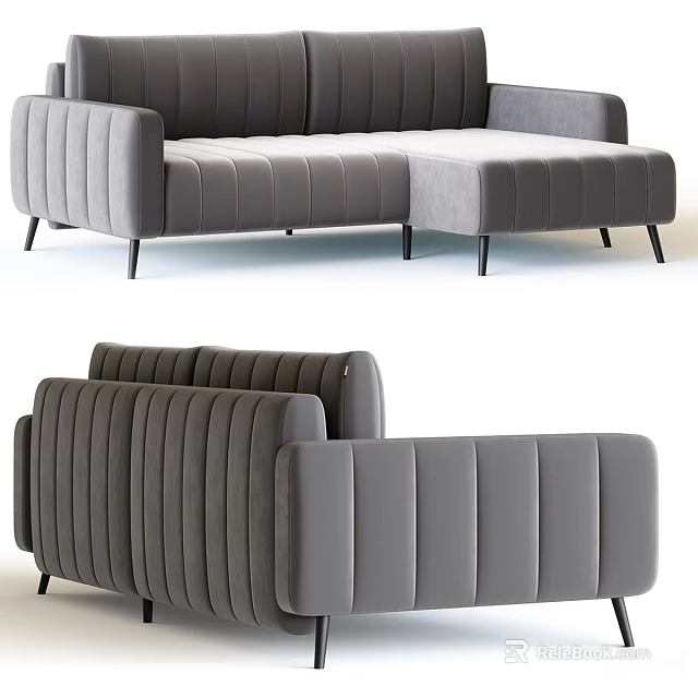 Modern Gray Sectional Sofa With Vertical Ribbed Design And Slim Black Legs 3d model