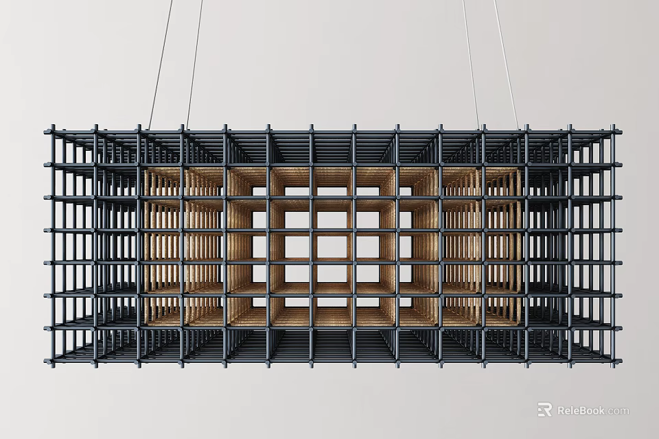 Modern Minimalist Hanging Decor With Black Metal Frame And Wooden Grid Structure 3d model 