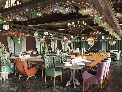 Elegant Restaurant Interior Design With Colorful Chairs Chandeliers And Hanging Wine Glasses 3d model