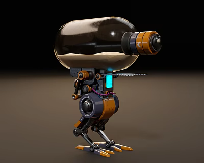 Futuristic 3D Robot Model With Glass Bottle Head Mechanical Body Blue Screen And Metal Legs 3d model