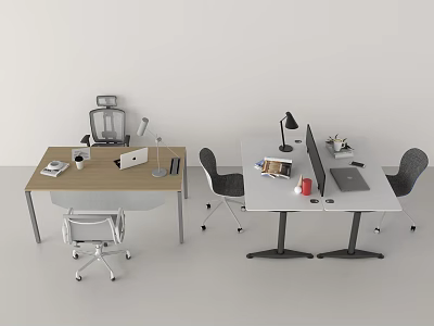 Two Modern Office Desks With Laptops Monitors Lamps Cups And Chairs In Minimalist Workspace 3d model