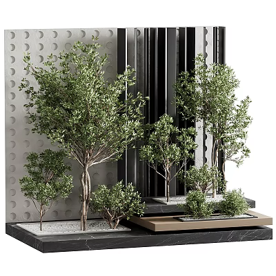 Serene Indoor Landscape With Multiple Green Trees On Stone Platforms And Textured Walls 3d model