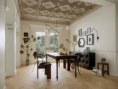 Elegant Restaurant Dining Space With Wooden Table Chairs Decorative Wall Art Patterned Ceiling And Herringbone Floor 3d model