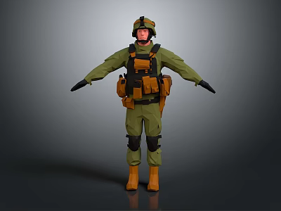 Military Soldier In Green Uniform With Yellow Gear Helmet And Protective Equipment 3d model