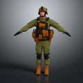 Military Soldier In Green Uniform With Yellow Gear Helmet And Protective Equipment