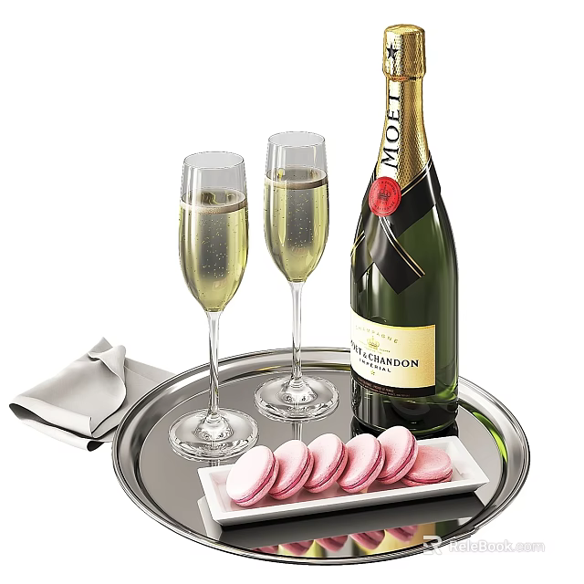 Pink Macarons Served With Champagne Bottle And Two Glasses On Silver Tray 3d model 
