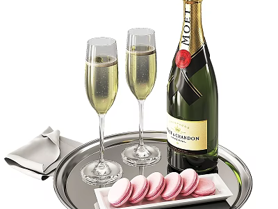 Pink Macarons Served With Champagne Bottle And Two Glasses On Silver Tray 3d model
