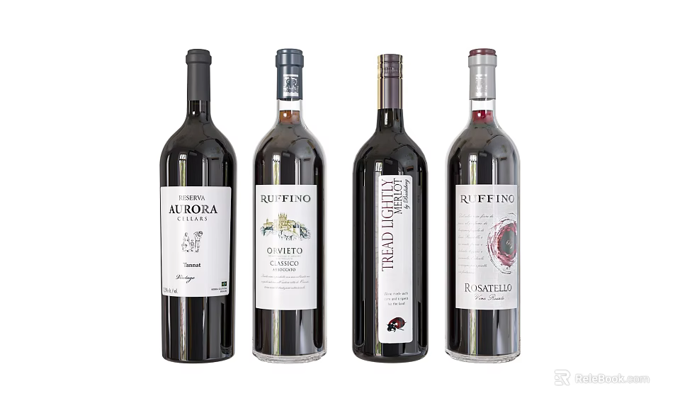 Four Different Wine Bottles Displayed Together 3d model 