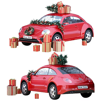Festive Red Car Adorned With Christmas Wreaths Evergreen Branches And Gift Boxes On Roof 3d model