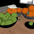 Fresh Fruits Green Apples and Oranges In Black Bowls and Small Plate On Wooden Table