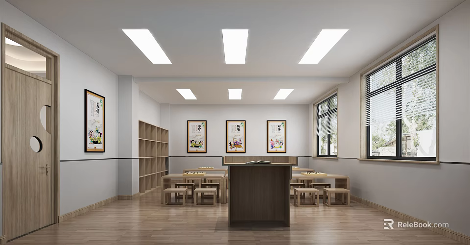 Hotel Mahjong Room Interior With Bright Ceiling Lights Wooden Tables Chairs And Decorative Paintings 3d model 
