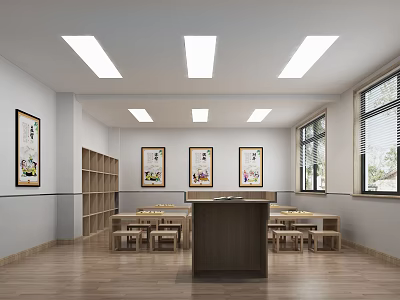 Hotel Mahjong Room Interior With Bright Ceiling Lights Wooden Tables Chairs And Decorative Paintings 3d model