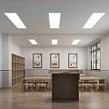 Hotel Mahjong Room Interior With Bright Ceiling Lights Wooden Tables Chairs And Decorative Paintings