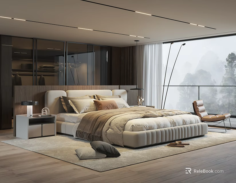 Modern Bedroom Interior With Plush Bed Nightstand Floor Lamp Area Rug And Scenic Window View 3d model 