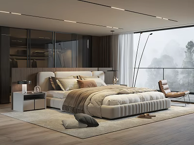 Modern Bedroom Interior With Plush Bed Nightstand Floor Lamp Area Rug And Scenic Window View 3d model