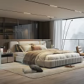 Modern Bedroom Interior With Plush Bed Nightstand Floor Lamp Area Rug And Scenic Window View