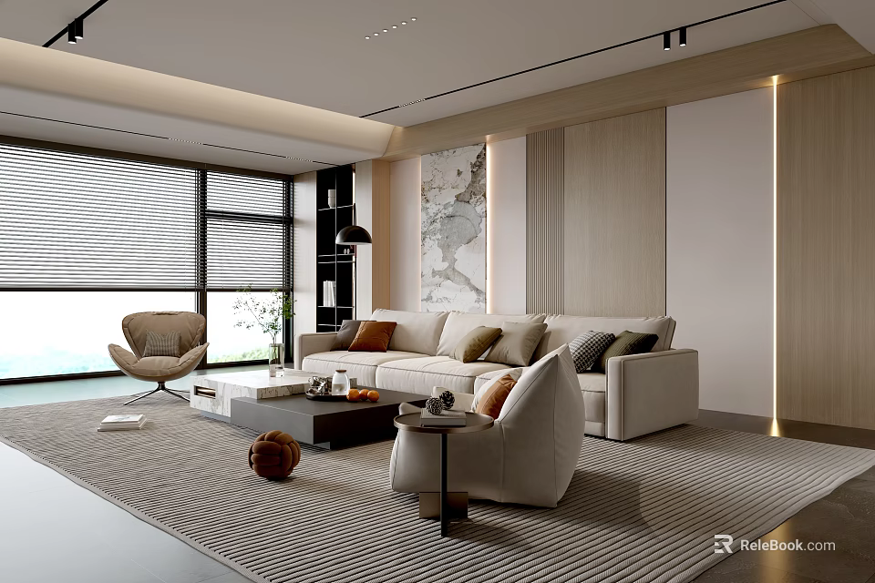Modern Living Room Interior Design With Beige Sofa Accent Chair Area Rug And Large Window 3d model 