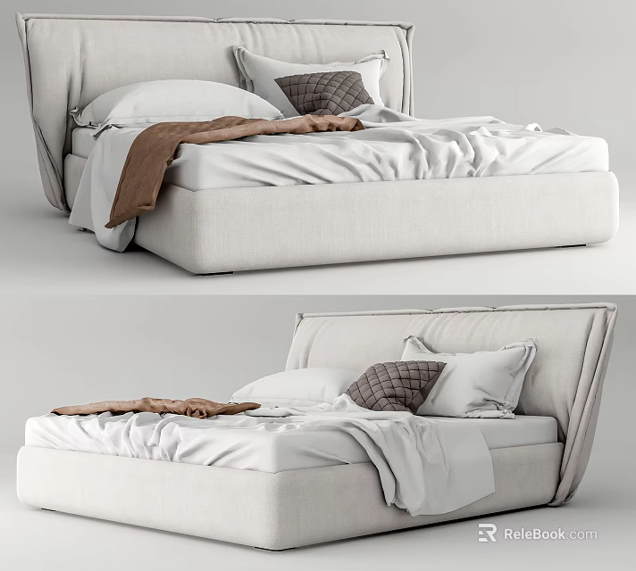 Modern Double Bed With Upholstered Headboard White Sheets Brown Throw And Decorative Pillows 3d model 