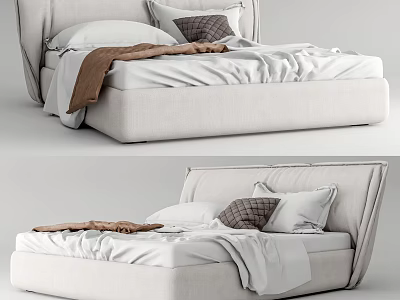 Modern Double Bed With Upholstered Headboard White Sheets Brown Throw And Decorative Pillows 3d model