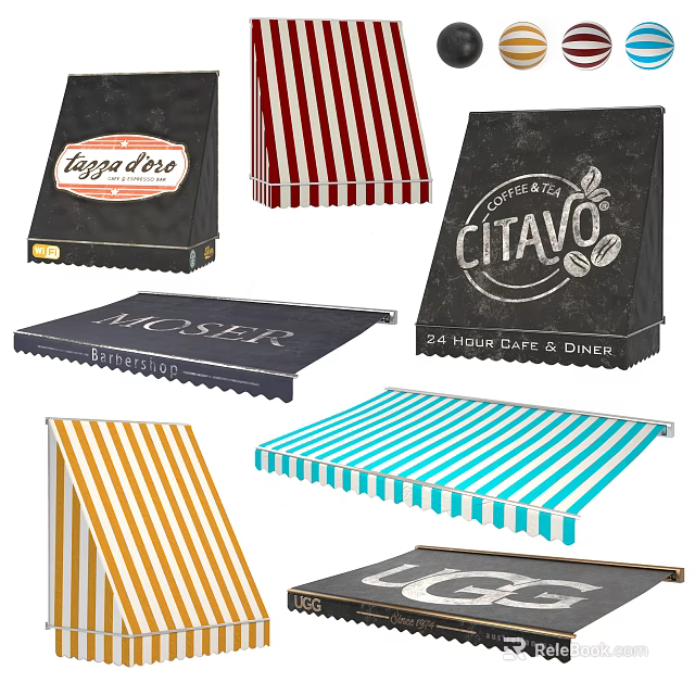 Colorful Striped Awnings With Custom Logos For Cafe Outdoor Spaces And Commercial Use 3d model 