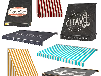 Colorful Striped Awnings With Custom Logos For Cafe Outdoor Spaces And Commercial Use 3d model