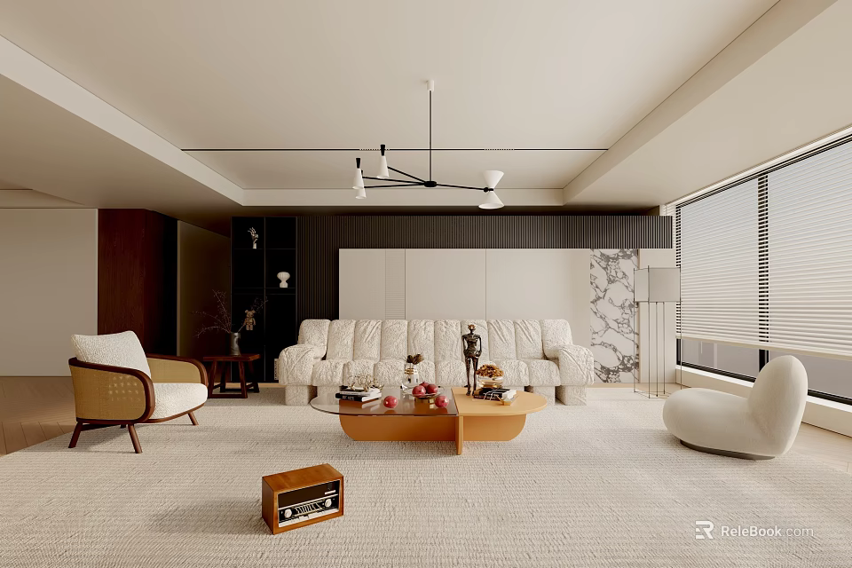 Modern Living Room Interior With White Sofa Wooden Coffee Table Armchair Floor Lamp And Rug 3d model 