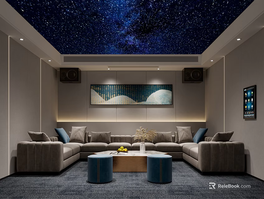 Home Theater Room With Starry Sky Ceiling Speakers And Cozy Sofa 3d model 