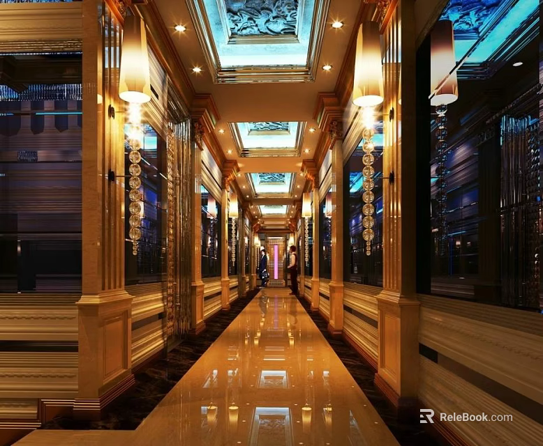 Luxurious Elevator Hallway Interior With Golden Decor Mirrors Shiny Floor And Ceiling Lighting 3d model 