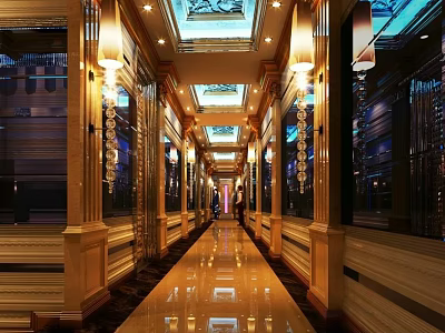 Luxurious Elevator Hallway Interior With Golden Decor Mirrors Shiny Floor And Ceiling Lighting 3d model