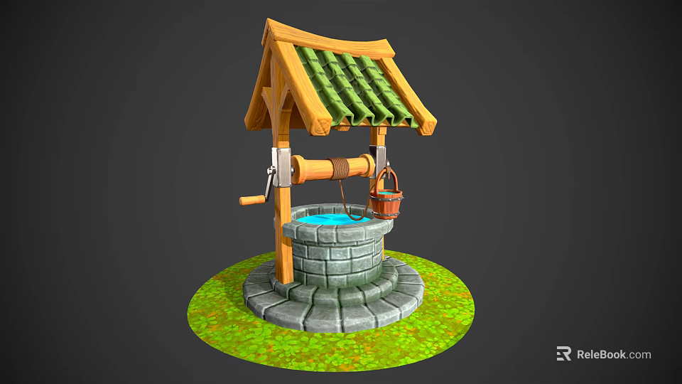 Traditional Garden Ornament With Wooden Roof Green Tiles Circular Stone Base Red Bucket And Grass 3d model 