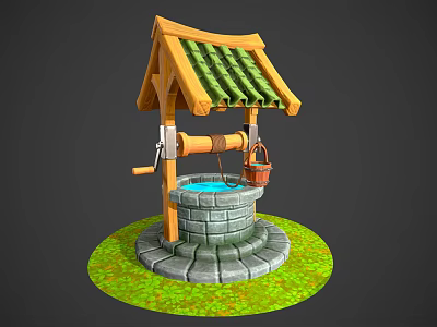 Traditional Garden Ornament With Wooden Roof Green Tiles Circular Stone Base Red Bucket And Grass 3d model